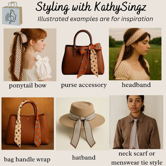 Slim Scarf Taupe Stripe Print 34 in Neck Hair Hat Bag Wrap Accessory No36 - Picture 4 of 9